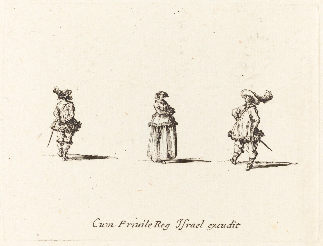 Nainen kädet ristissä ja kaksi herraa tekijältä Jacques Callot
