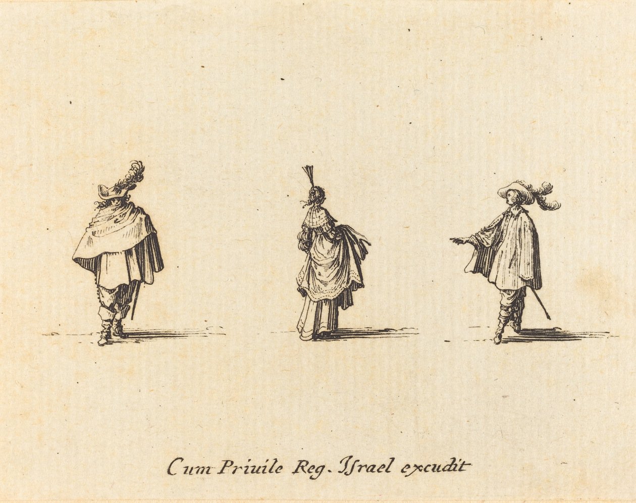 Nainen pukeutuneena kokoontuneet ja kaksi herraa tekijältä Jacques Callot