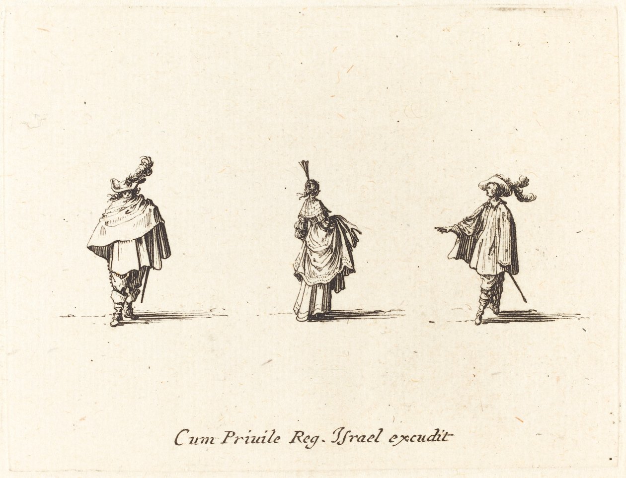 Nainen pukeutuneena kokoontuneet ja kaksi herraa tekijältä Jacques Callot