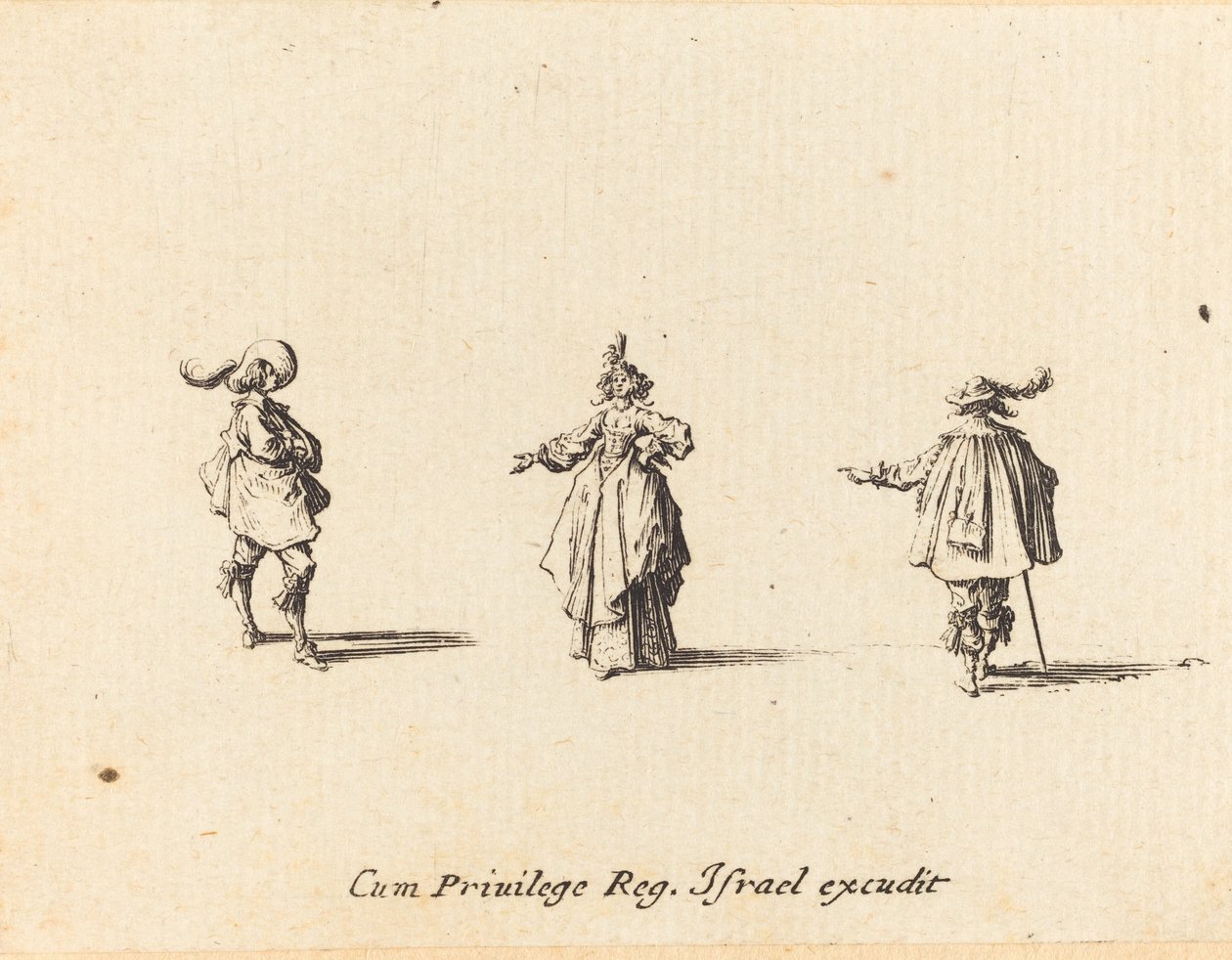 Nainen ojennetulla käsivarrella ja kaksi herraa tekijältä Jacques Callot