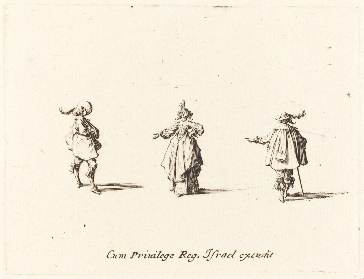 Nainen ojennetulla käsivarrella ja kaksi herraa tekijältä Jacques Callot