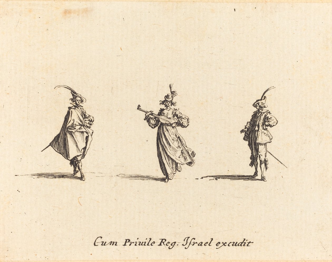 Nainen jousisoittimella ja kaksi herraa tekijältä Jacques Callot