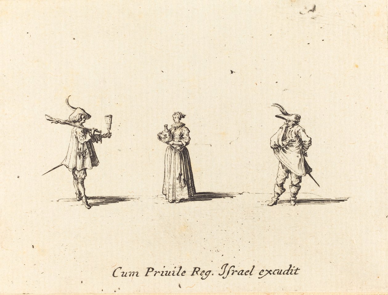 Nainen viinipullon kanssa ja kaksi herraa tekijältä Jacques Callot
