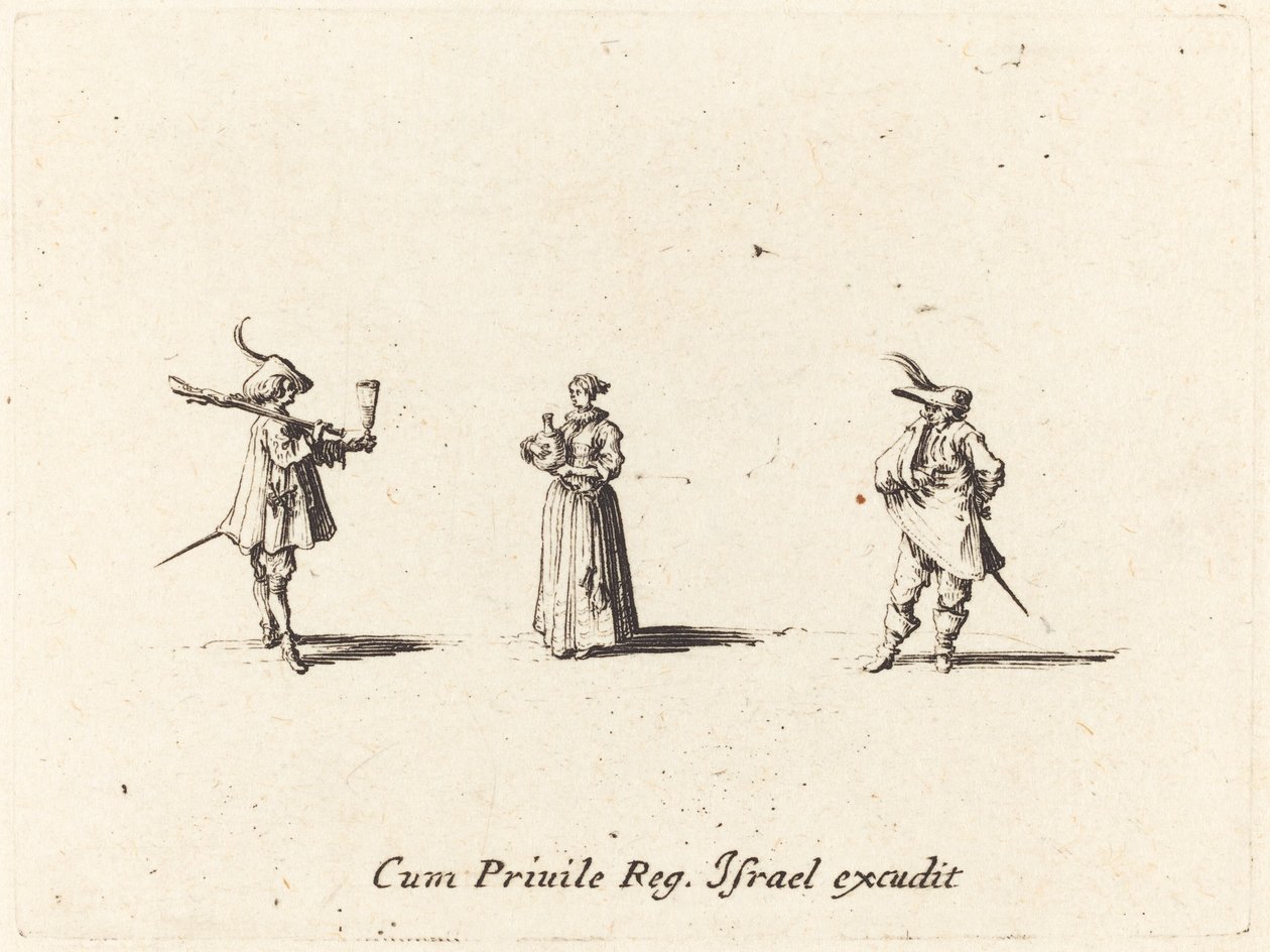 Nainen viinipullon kanssa ja kaksi herraa, luultavasti 1634. tekijältä Jacques Callot