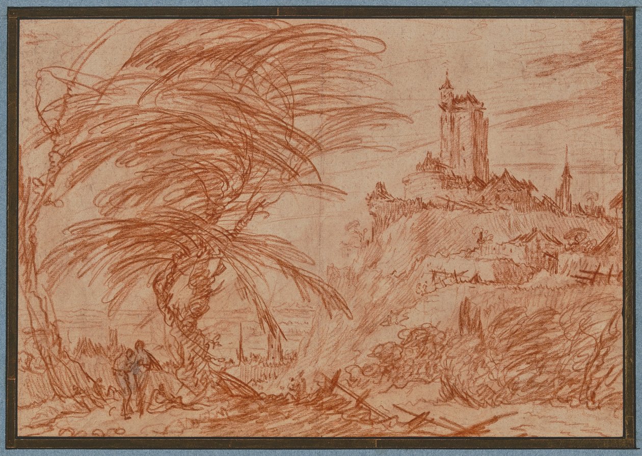 Landschaft, rechts auf einem Hügel ein großer Turm, links eine Baumgruppe und einige Figuren tekijältä Jacques Callot