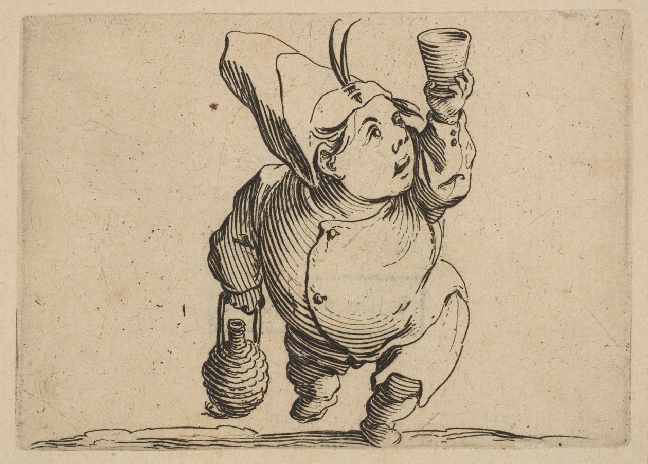 Le Beveur vu de Face Juomari edestä katsottuna, Varie-hahmosta Gobbi, puku..., 1616-22. tekijältä Jacques Callot