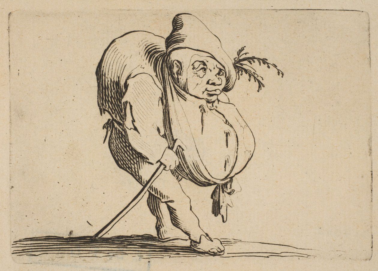 Le Bossu a La Canne Kypärä ja keppi, Varie Figure Gobbi, sarja nimeltä..., 1616-22. tekijältä Jacques Callot