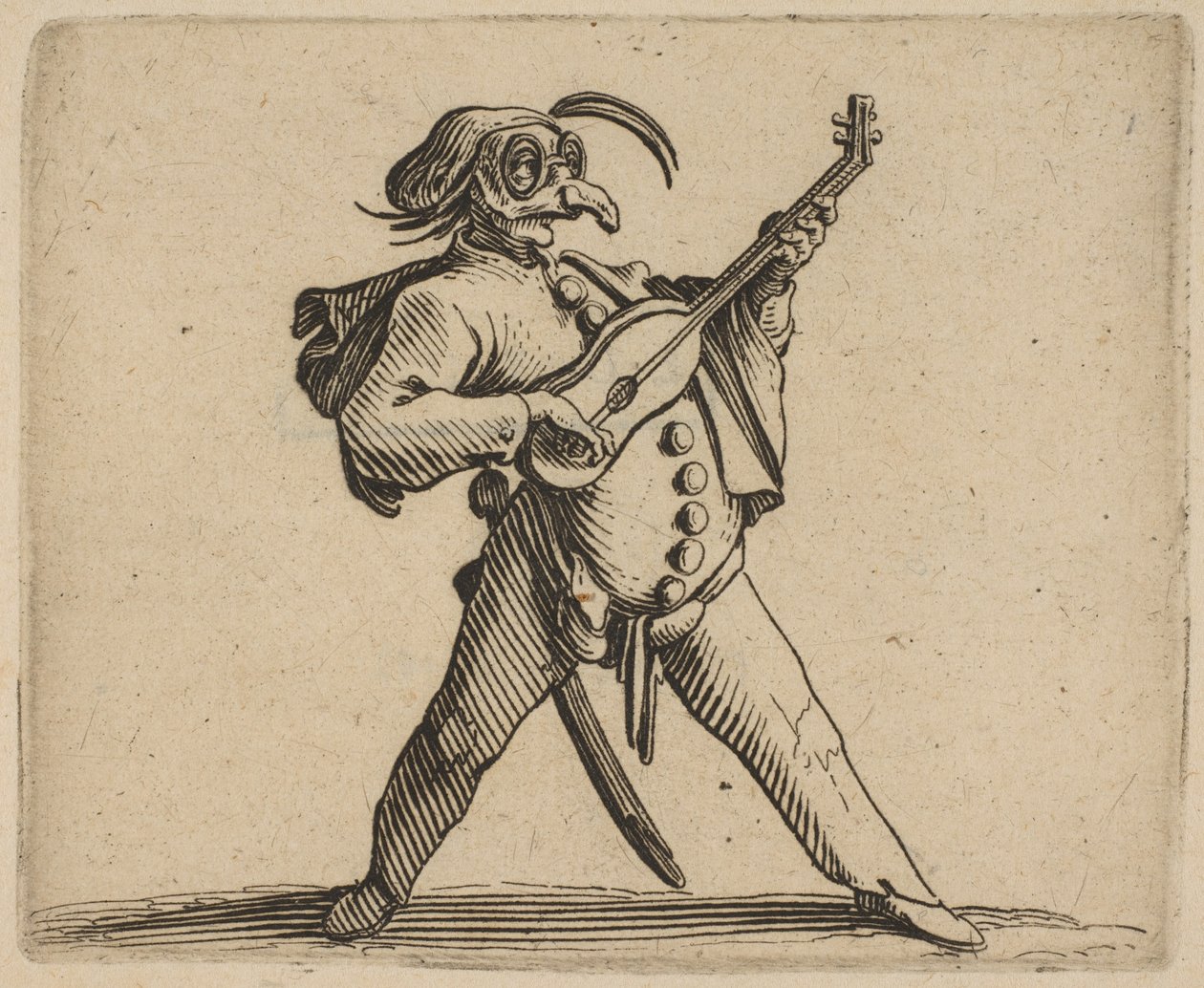 Naamioitunut koomikko soittamassa kitaraa, alkaen ..., 1616-22. tekijältä Jacques Callot