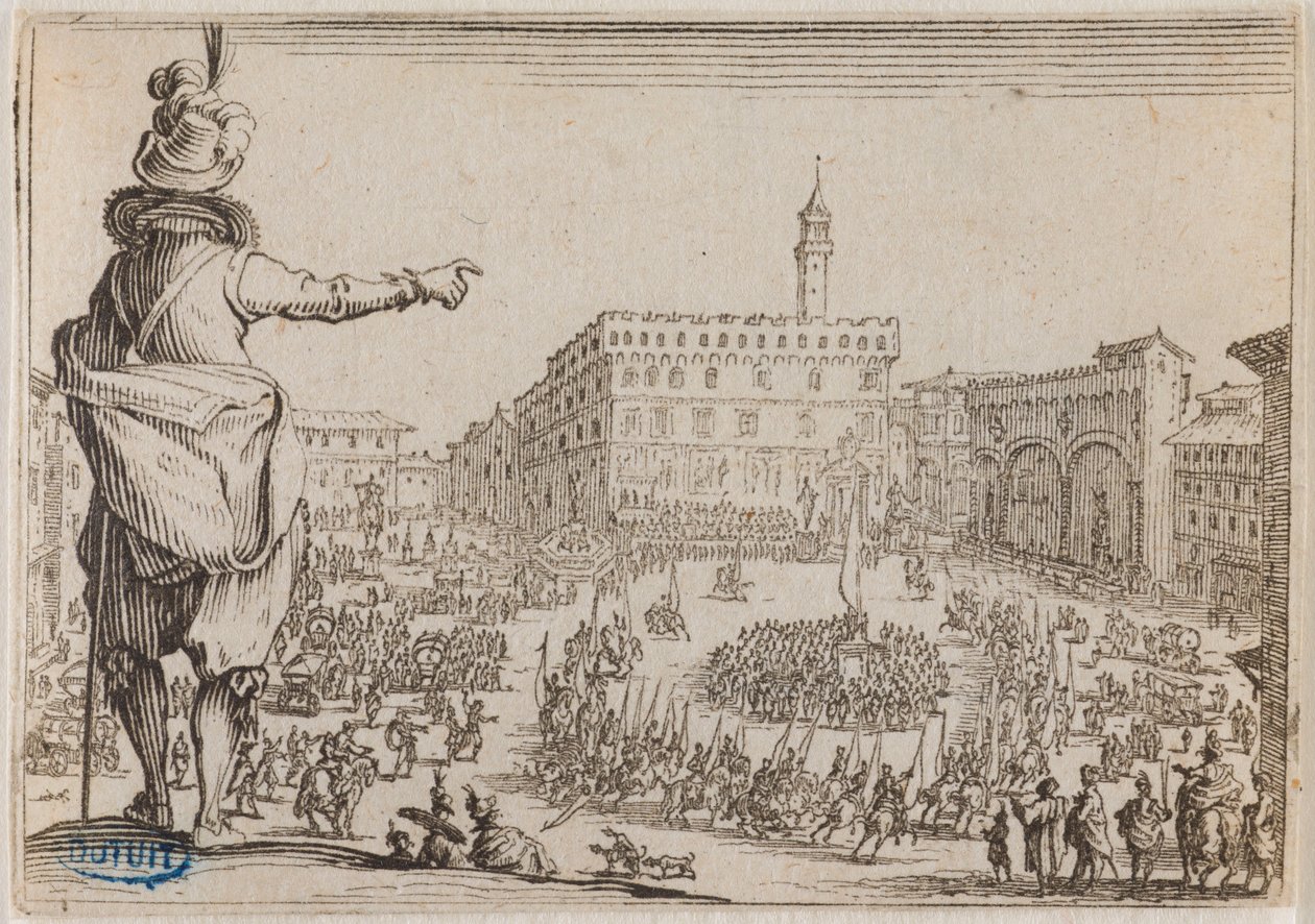 Les Caprices, juhla Piazza della Signorialla Firenzessä. Nancyssa kaiverretun 50 lehden sarjan neljäskymmeneskuudes numero (Lieure 473, Meaume 859) tekijältä Jacques Callot