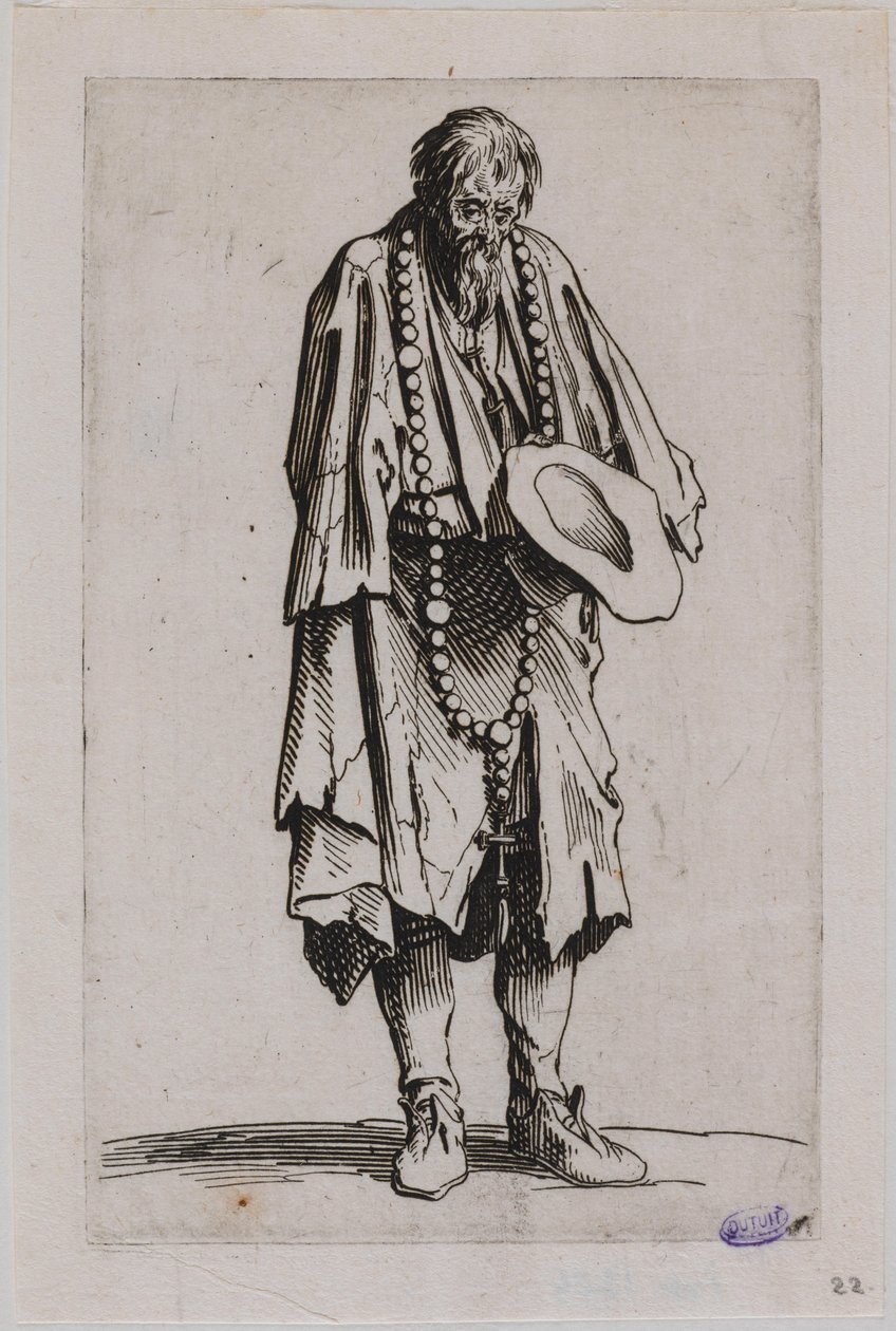 Les Gueux, Ruusukkorukousta laulava kerjäläinen. 25-osaisen sarjan yhdestoista kappale (Lieure 489, Meaume 695) tekijältä Jacques Callot