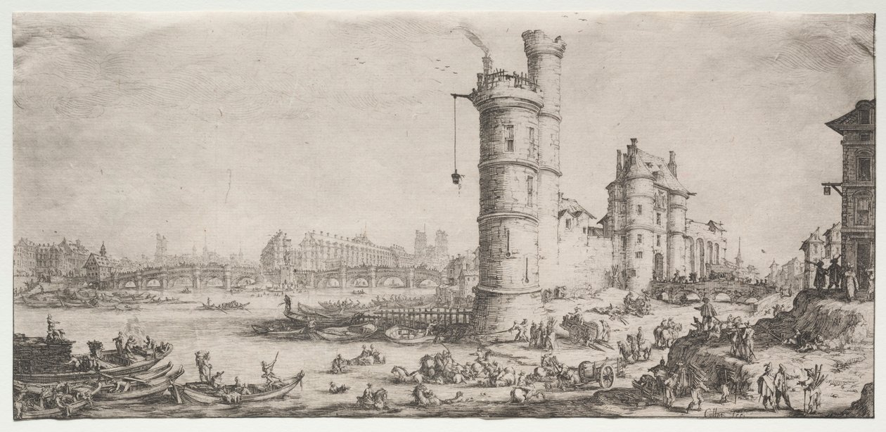 Kaksi upeaa näkymää Pariisiin: Näkymä Pont Neufille, 1628-1630. tekijältä Jacques Callot