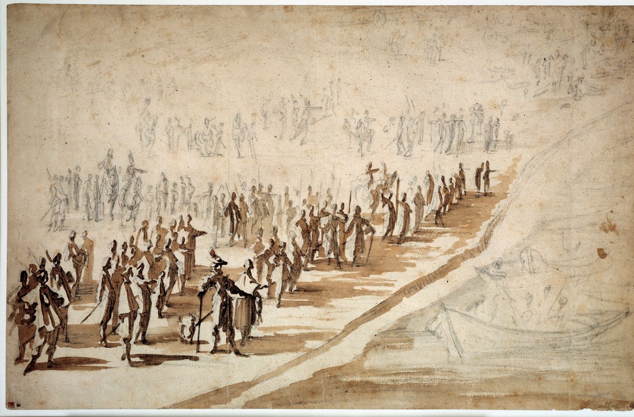 Ludvig XIII (1601-1643) ja Richelieu (1585-1642) osallistuvat Re-saaren joukkojen osastolle. Jacques Callot