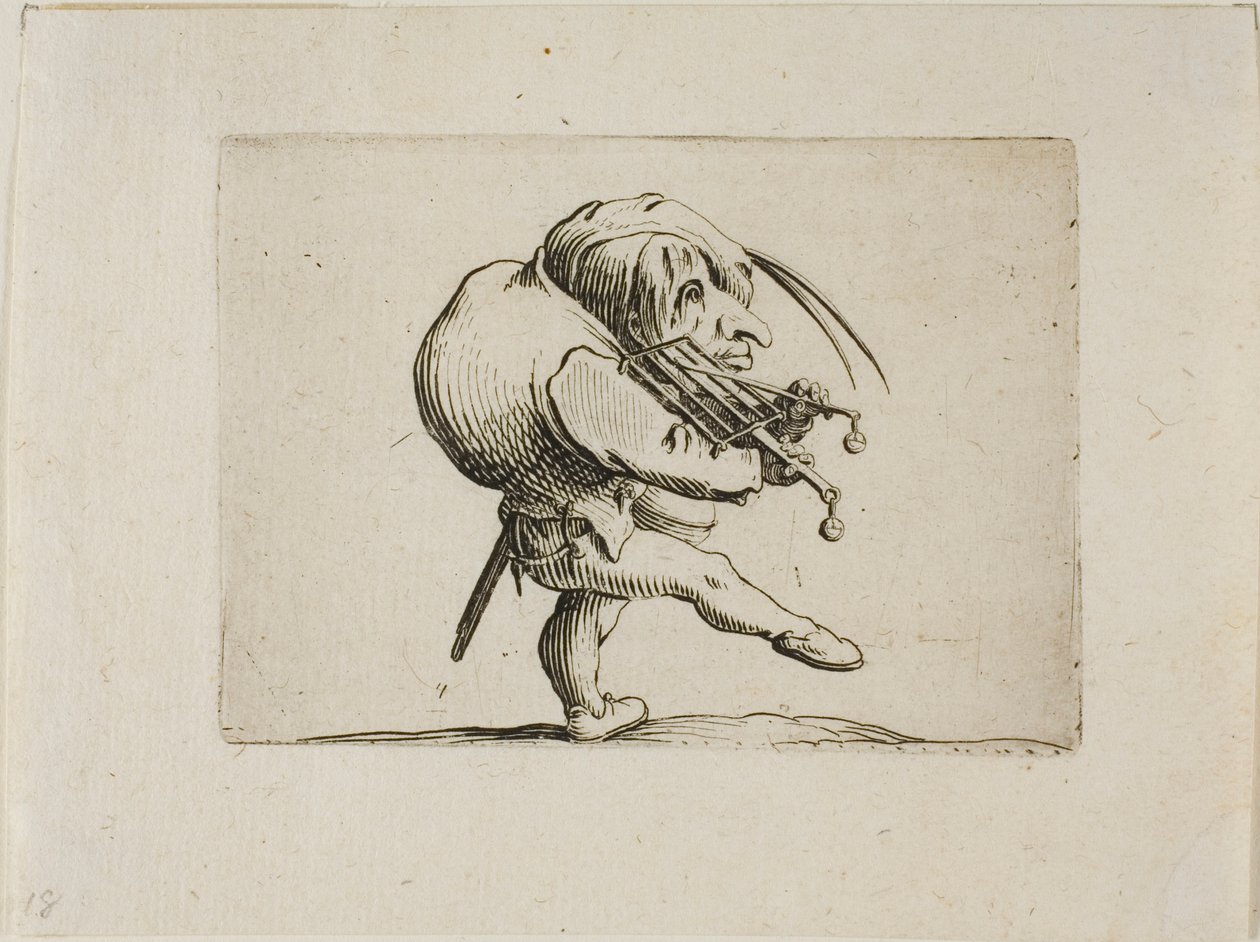 Mies soittaa grilliä viuluna, Varie Figure Gobbi tekijältä Jacques Callot
