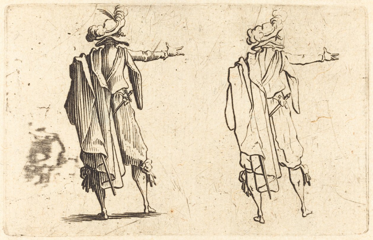 Mies takaa katsottuna oikea käsi ojennettuna tekijältä Jacques Callot