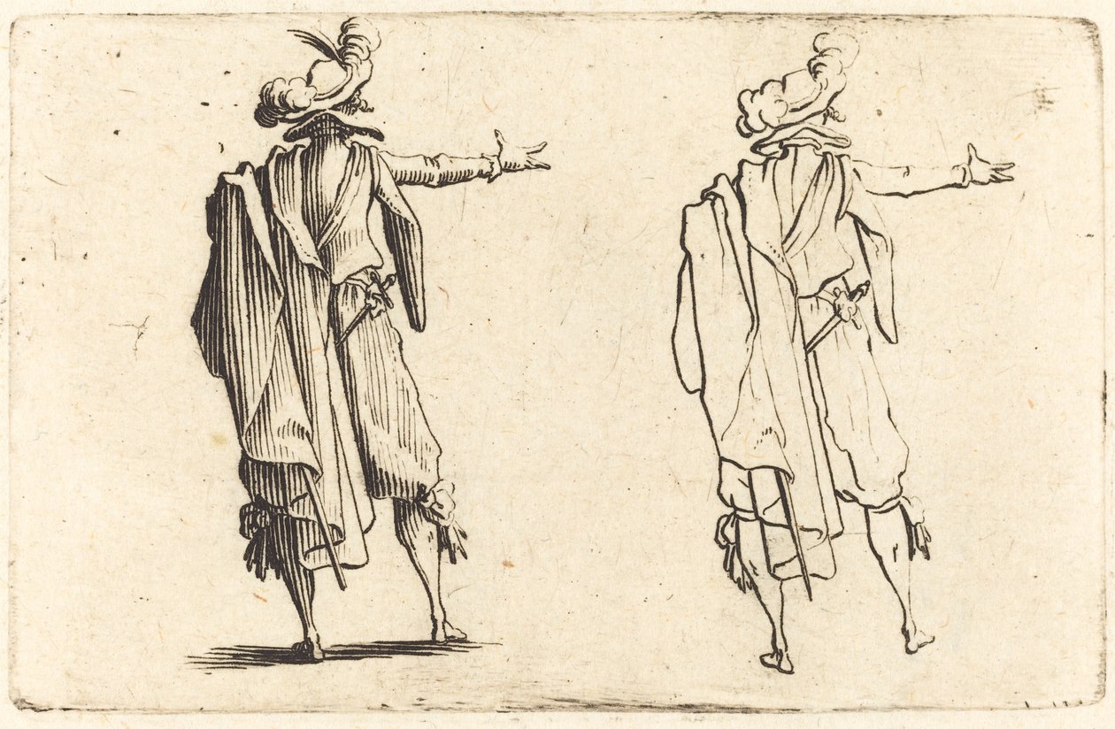 Mies takaa katsottuna oikea käsi ojennettuna tekijältä Jacques Callot