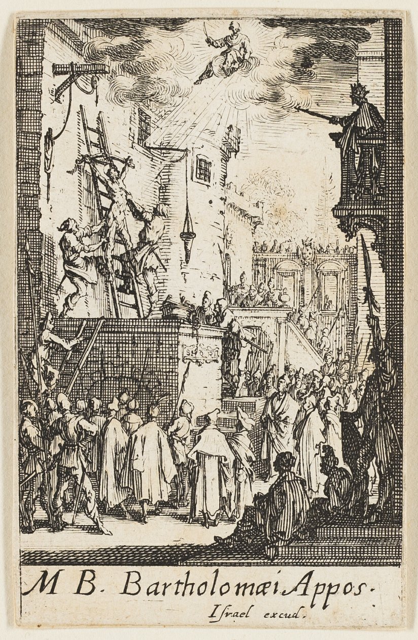 Pyhän Bartolomeuksen marttyyrikuolema, levy yhdeksän Apostolien marttyyrikuolemat -teoksesta. tekijältä Jacques Callot