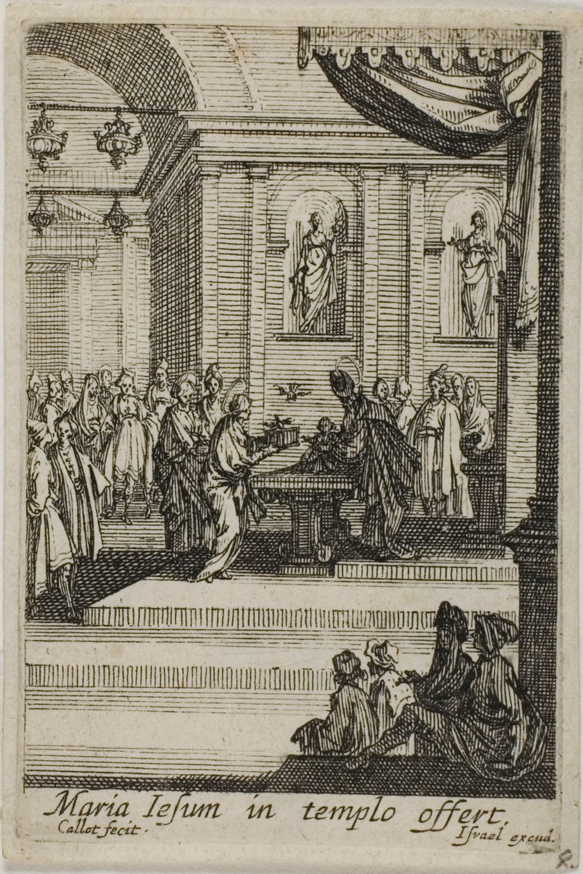 Maria esittelee Kristuksen temppelissä, Neitsyt Marian elämästä. tekijältä Jacques Callot