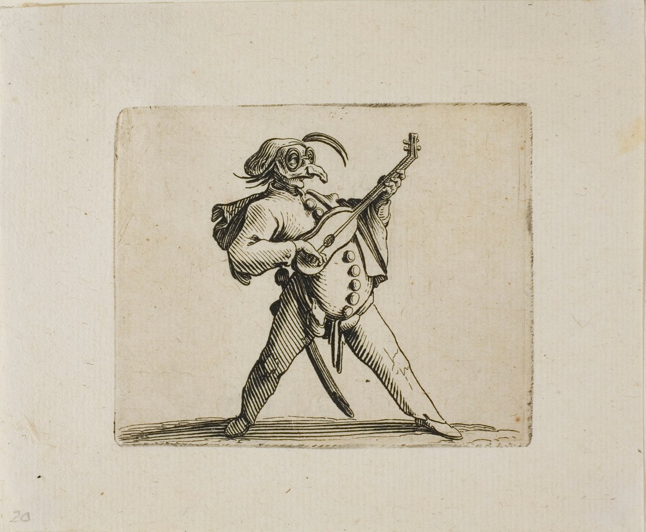 Naamioitunut koomikko soittaa kitaraa, Varie Figure Gobbi tekijältä Jacques Callot