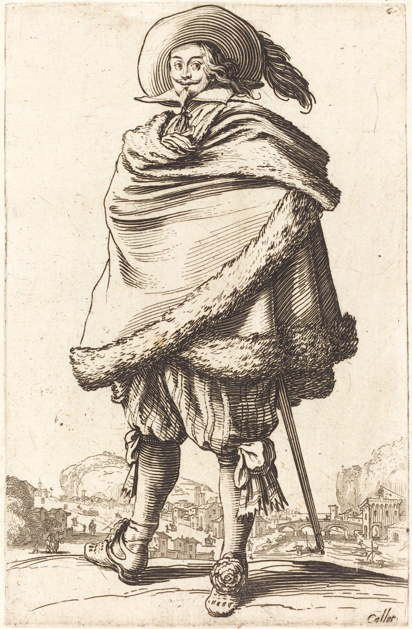 Jalo mies käärittynä turkista koristeltuun vaippaan tekijältä Jacques Callot