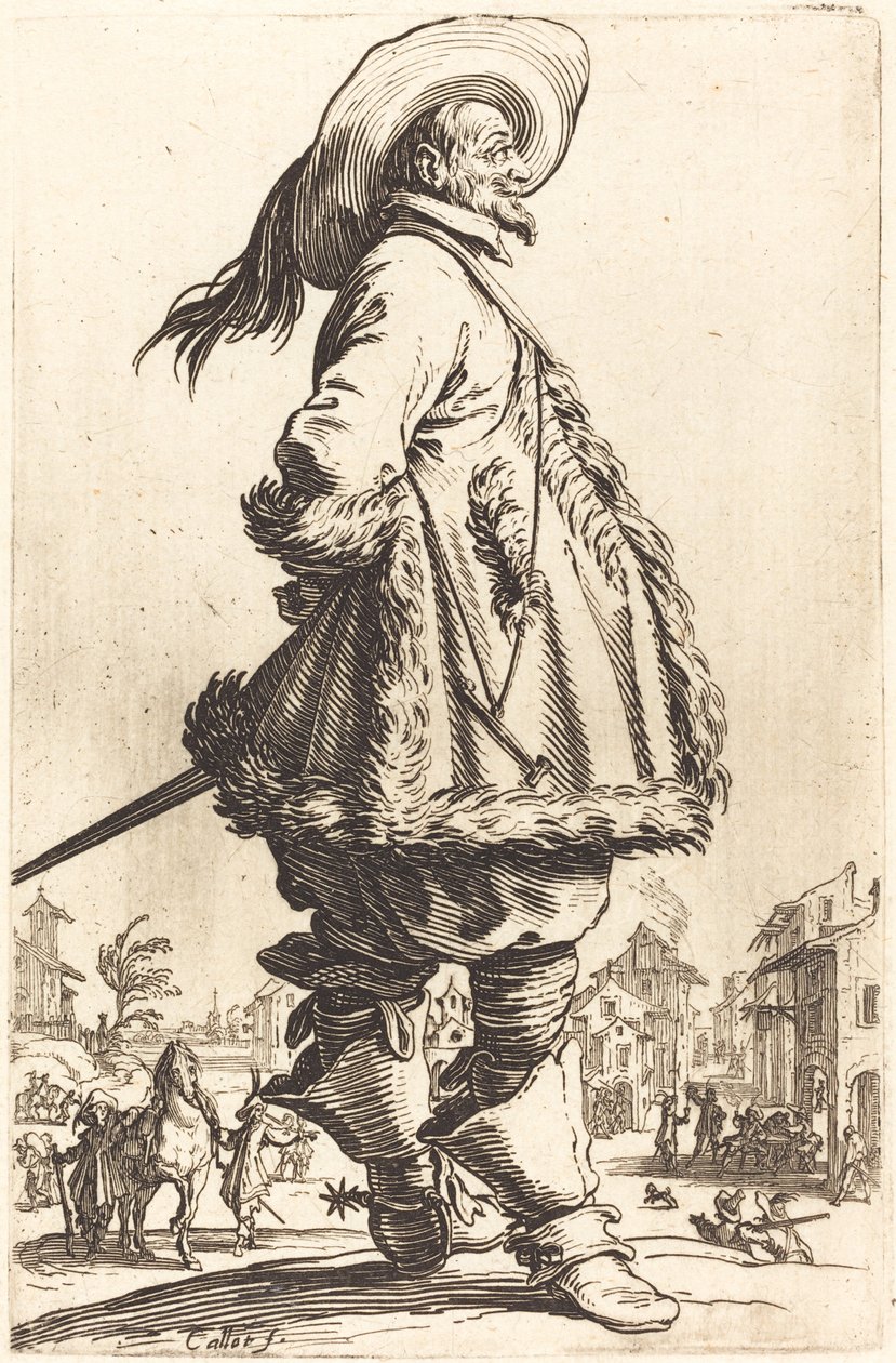 Jalo mies, jolla on turkista leikattu vaippa, pitelee käsiään selkänsä takana, n. 16201623. tekijältä Jacques Callot