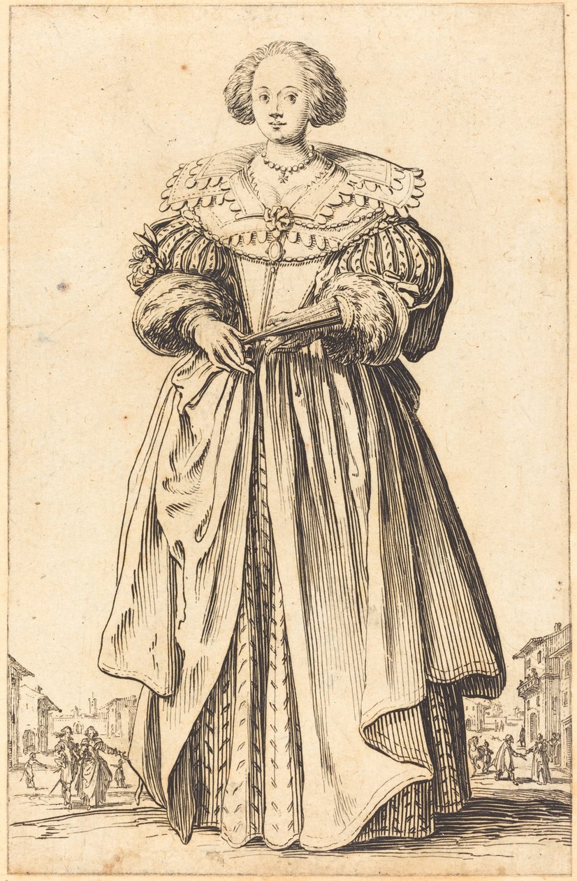 Jalo nainen tuulettimen kanssa tekijältä Jacques Callot