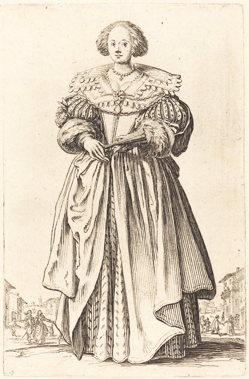 Jalo nainen tuulettimen kanssa tekijältä Jacques Callot