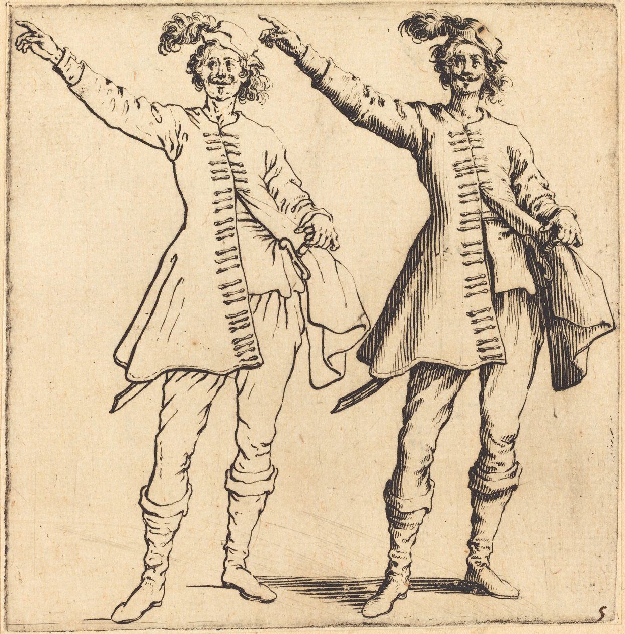 Upseeri, käsivarsi ojennettuna, näkymä edestä tekijältä Jacques Callot