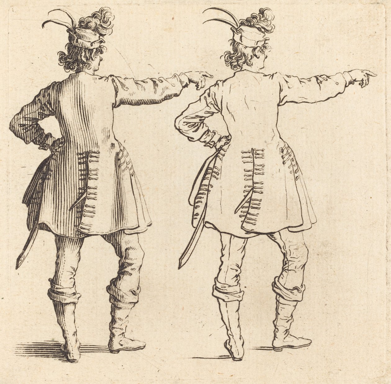 Upseeri, jolla on höyhenet lippassa, takaa katsottuna tekijältä Jacques Callot