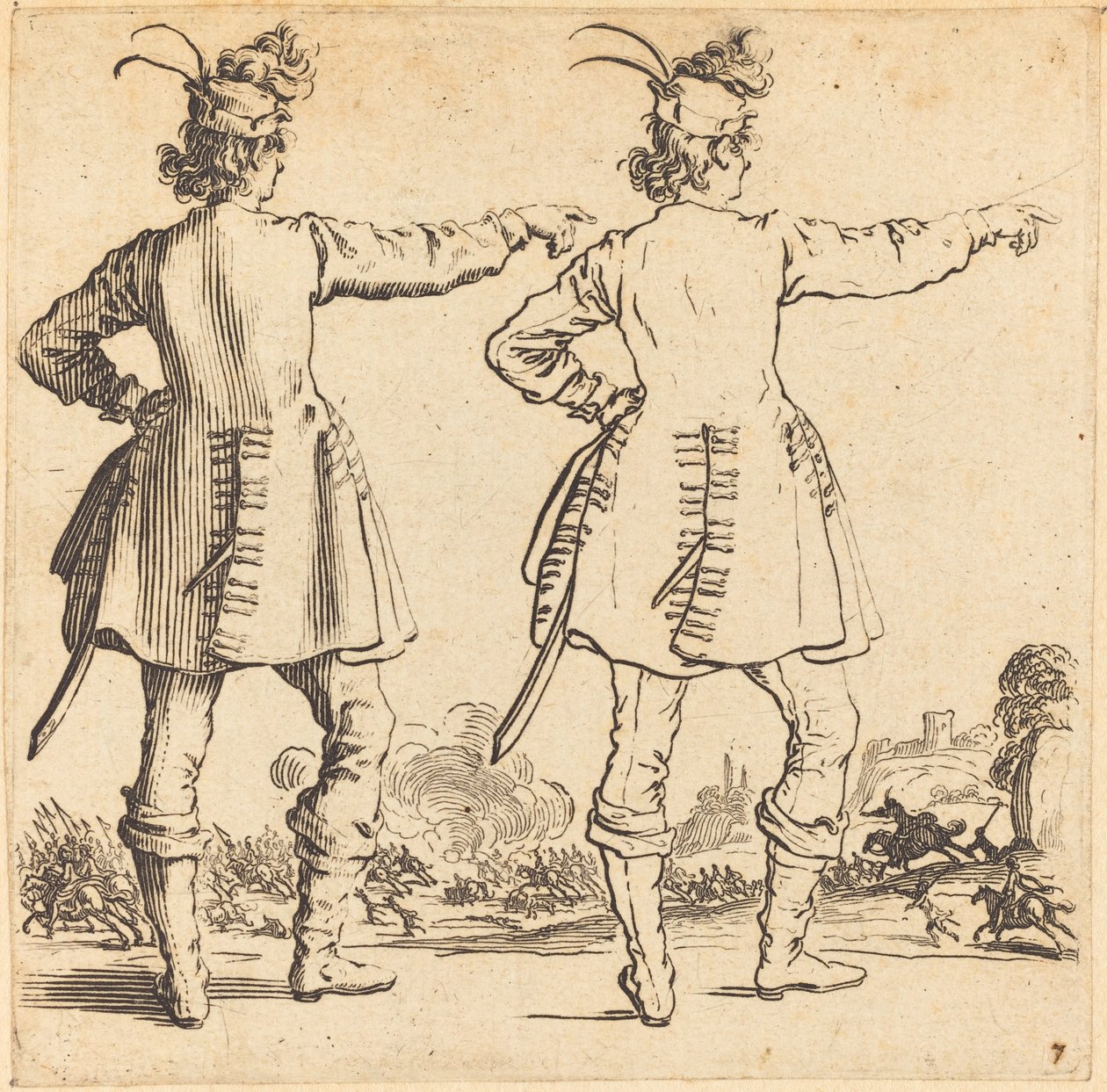Upseeri, jolla on höyhenet lippisessä, takaa katsottuna, 1617 ja 1621. tekijältä Jacques Callot