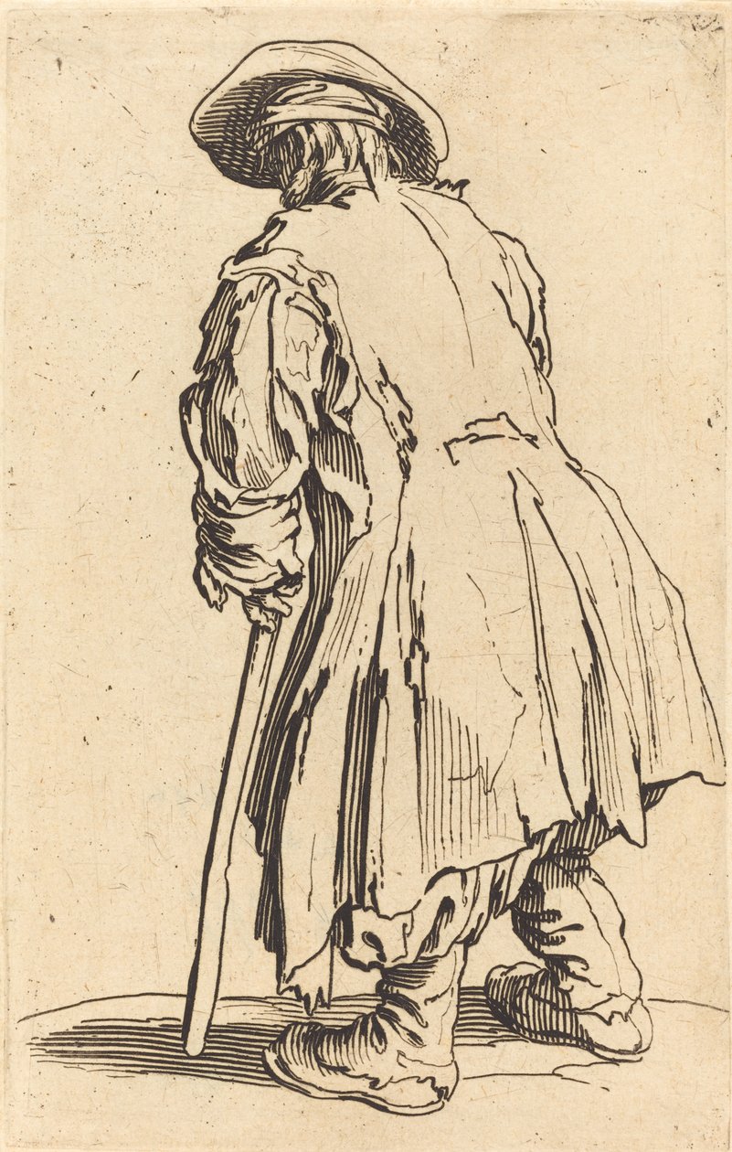 Vanha kerjäläinen yhdellä kainalosauvalla, n. 1622 tekijältä Jacques Callot