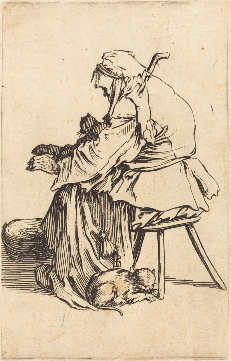 Vanha nainen kissojen kanssa tekijältä Jacques Callot