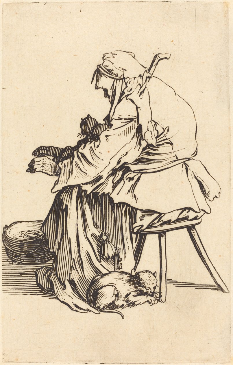 Vanha nainen kissojen kanssa, n. 1622. tekijältä Jacques Callot