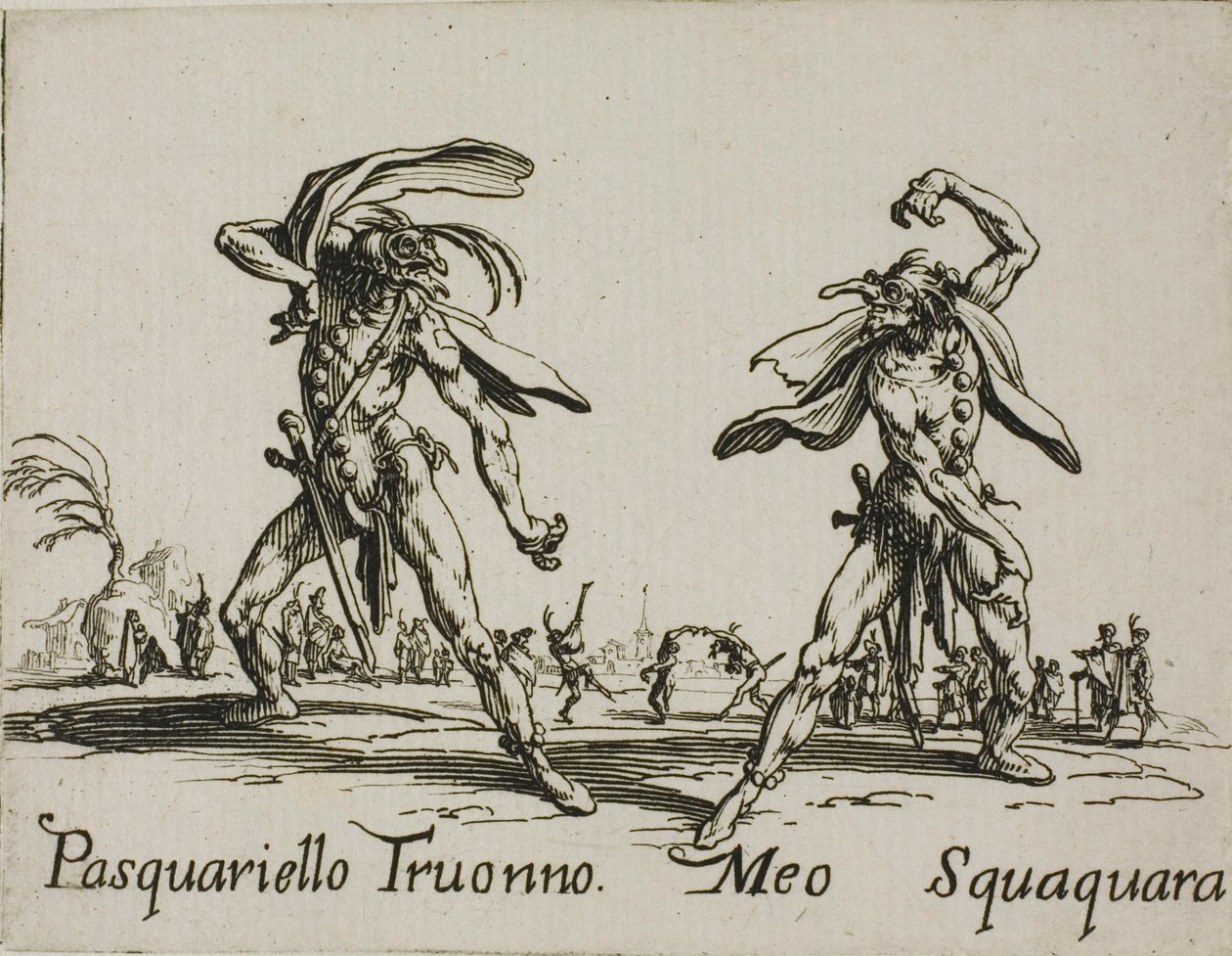 Pasquariello Truonno - Meo Squaquara, lautanen 20 alkaen Balli di Sfessania tekijältä Jacques Callot