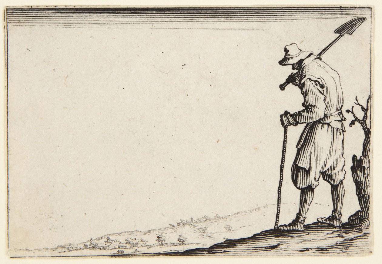 Maanviljelijä, joka kantaa lapiota olkapäällään tekijältä Jacques Callot