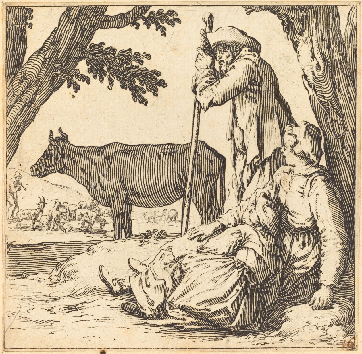 Talonpoikapari lehmän kanssa tekijältä Jacques Callot