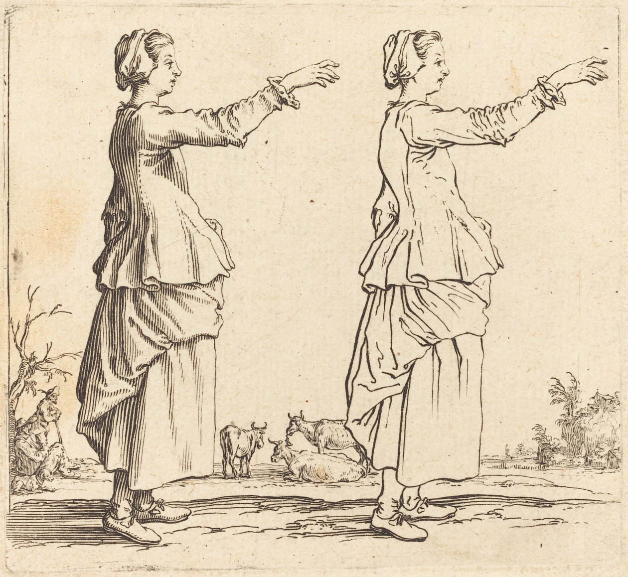 Talonpoikanainen, profiilissa, kasvot oikealle, käsivarsi ojennettuna, 1617 ja 1621. tekijältä Jacques Callot