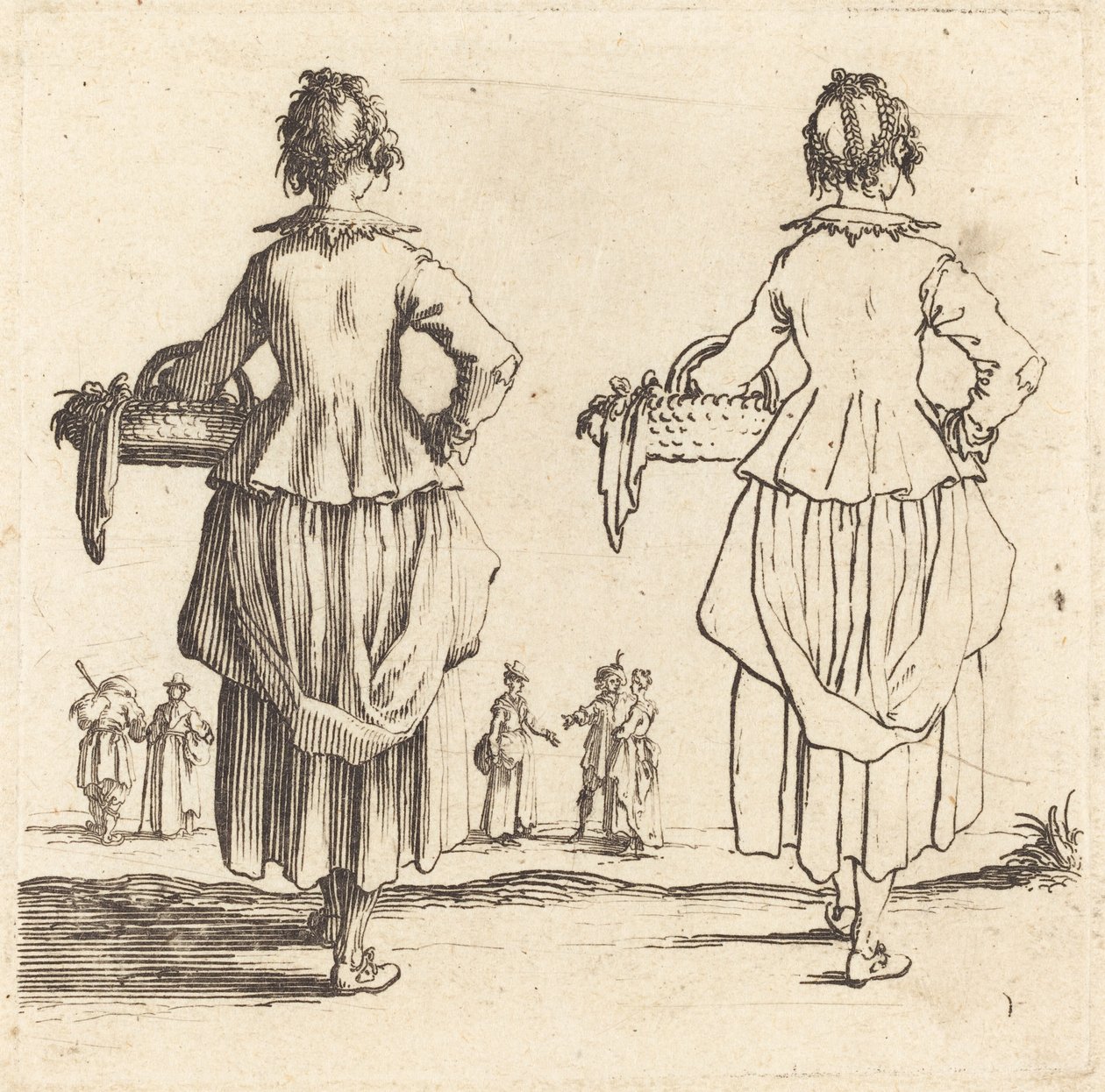 Talonpoikanainen korilla, takaa katsottuna tekijältä Jacques Callot
