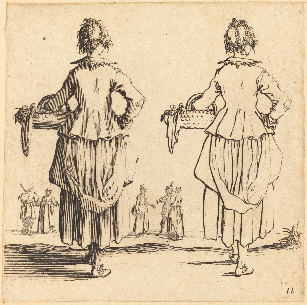 Talonpoikanainen korilla, takaa katsottuna tekijältä Jacques Callot
