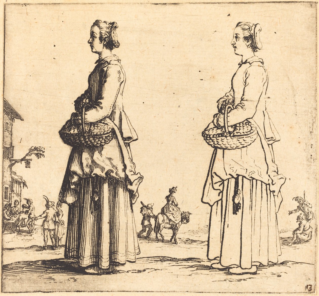 Talonpoikanainen kori kanssa, profiilissa, kasvot vasemmalle, 1617 ja 1621. tekijältä Jacques Callot