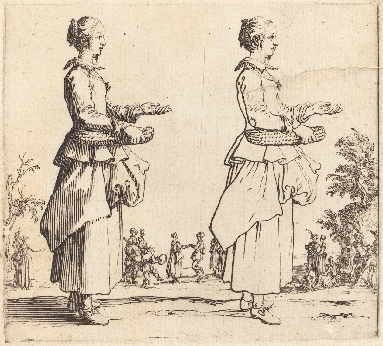 Talonpoikanainen korineen, profiilissa, kasvot oikealle tekijältä Jacques Callot