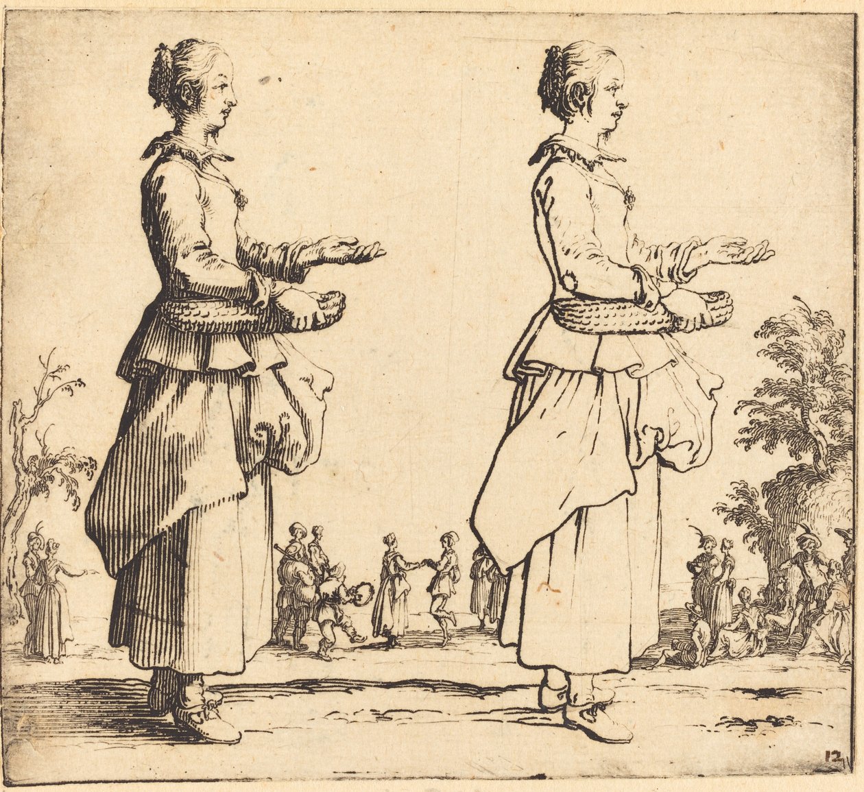 Talonpoikanainen korineen, profiilissa, oikealle päin, 1617 ja 1621. tekijältä Jacques Callot