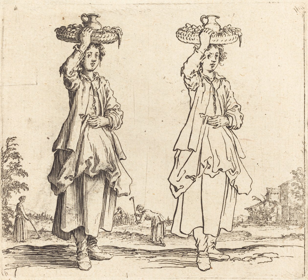 Talonpoikanainen kori päässä, näkymä edestä, 1617 ja 1621. tekijältä Jacques Callot