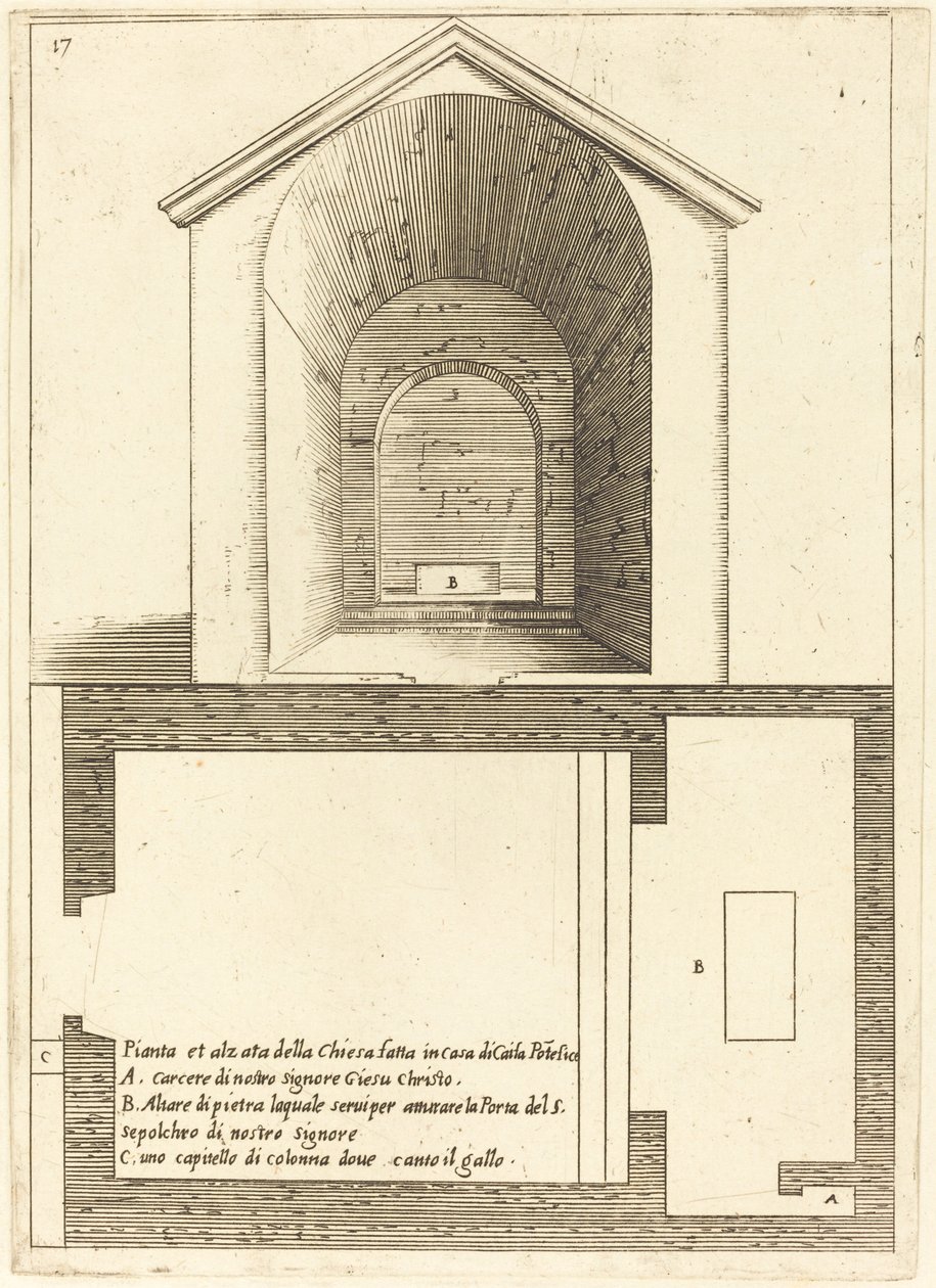 Suunnitelma ja kirkon korkeus lähellä Kaifaan taloa tekijältä Jacques Callot