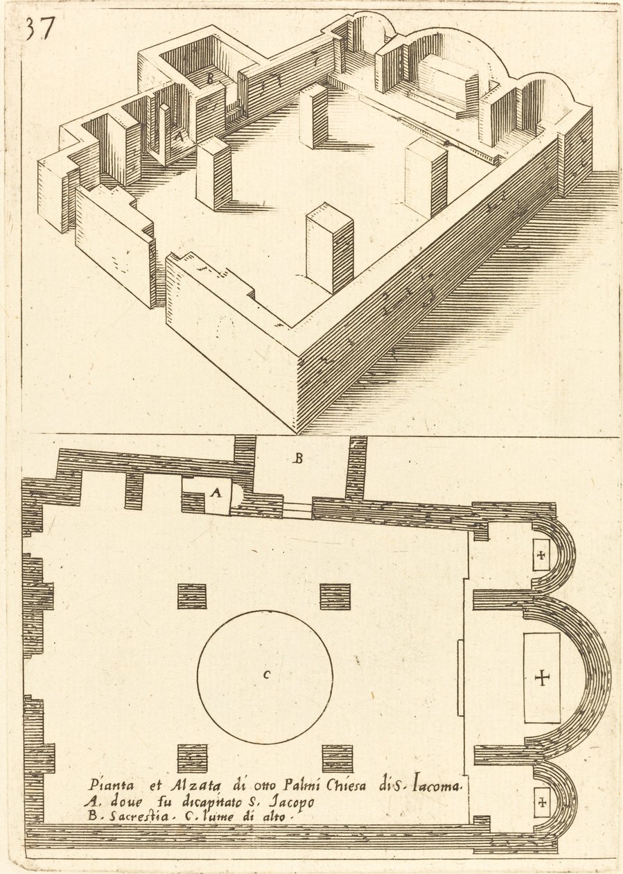 S. Iacoman kirkon suunnitelma ja korkeus tekijältä Jacques Callot