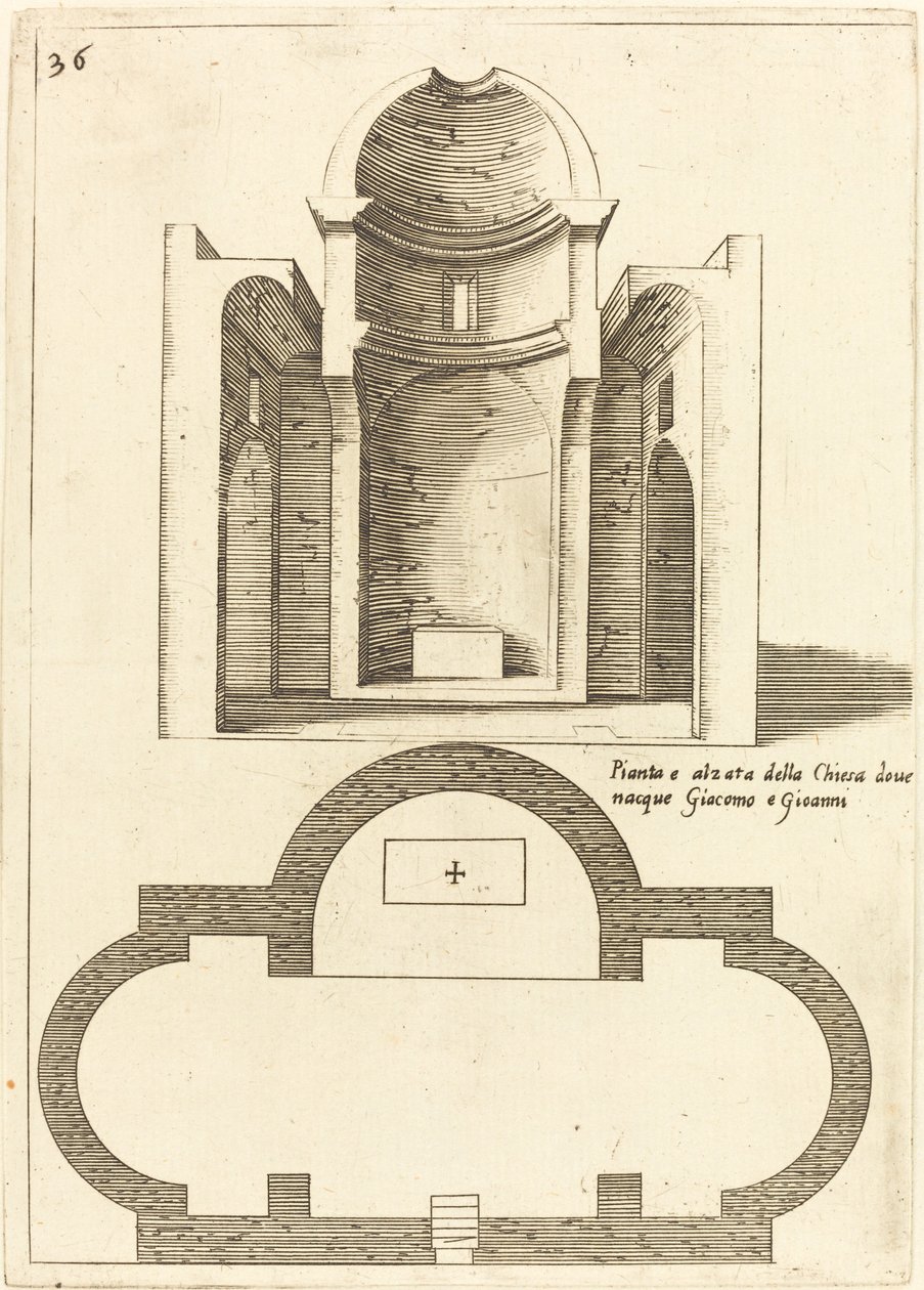 Pyhien Jaakobin ja Johanneksen kirkon suunnitelma ja korotus, 1619. tekijältä Jacques Callot