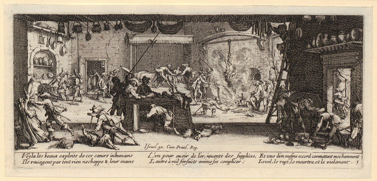 Maatilan ryöstö, jakson ”Sodan kauhut” 5. sivu tekijältä Jacques Callot