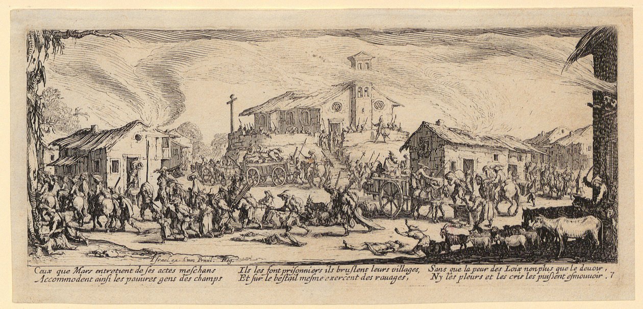 Kylän ryöstö ja polttaminen, lehti 7 sarjasta "Sodan kauhut" tekijältä Jacques Callot
