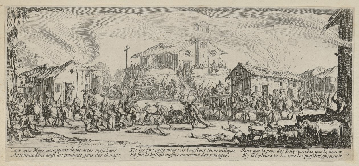 Kylän ryöstö ja polttaminen, sivu 7 sarjasta ”Sodan kauhut” tekijältä Jacques Callot