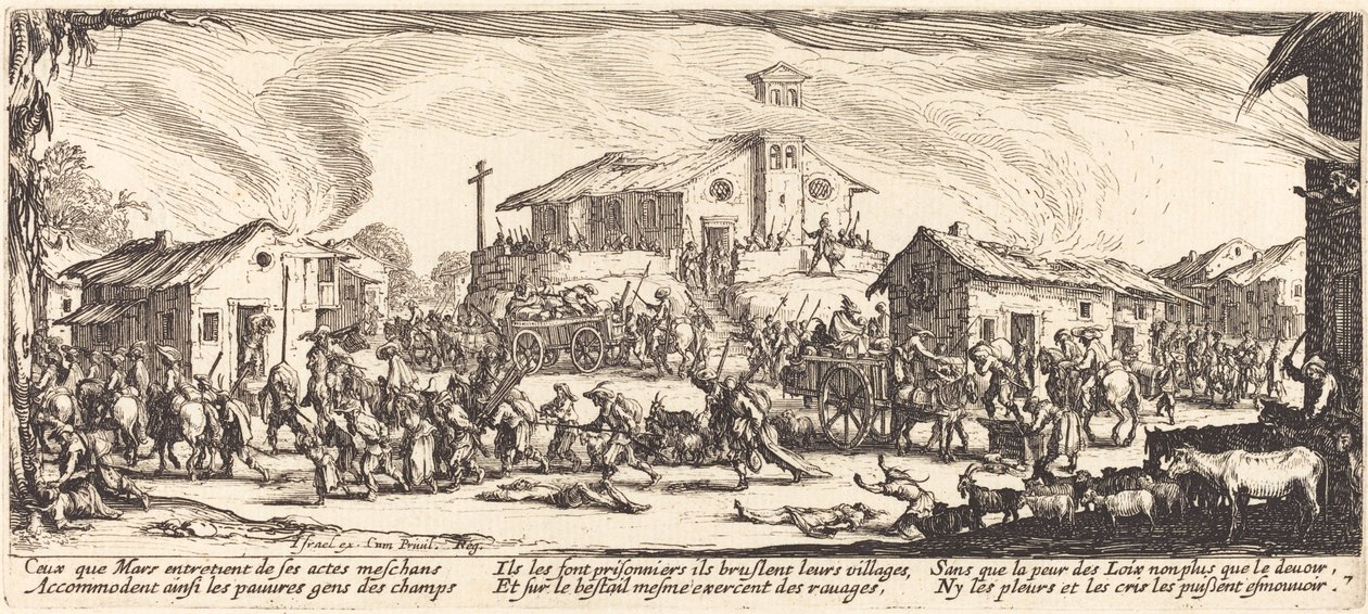 Kylän ryöstäminen ja polttaminen tekijältä Jacques Callot