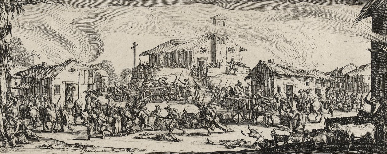 Kylän ryöstäminen ja polttaminen, 1633 (etsattu paperille) tekijältä Jacques Callot